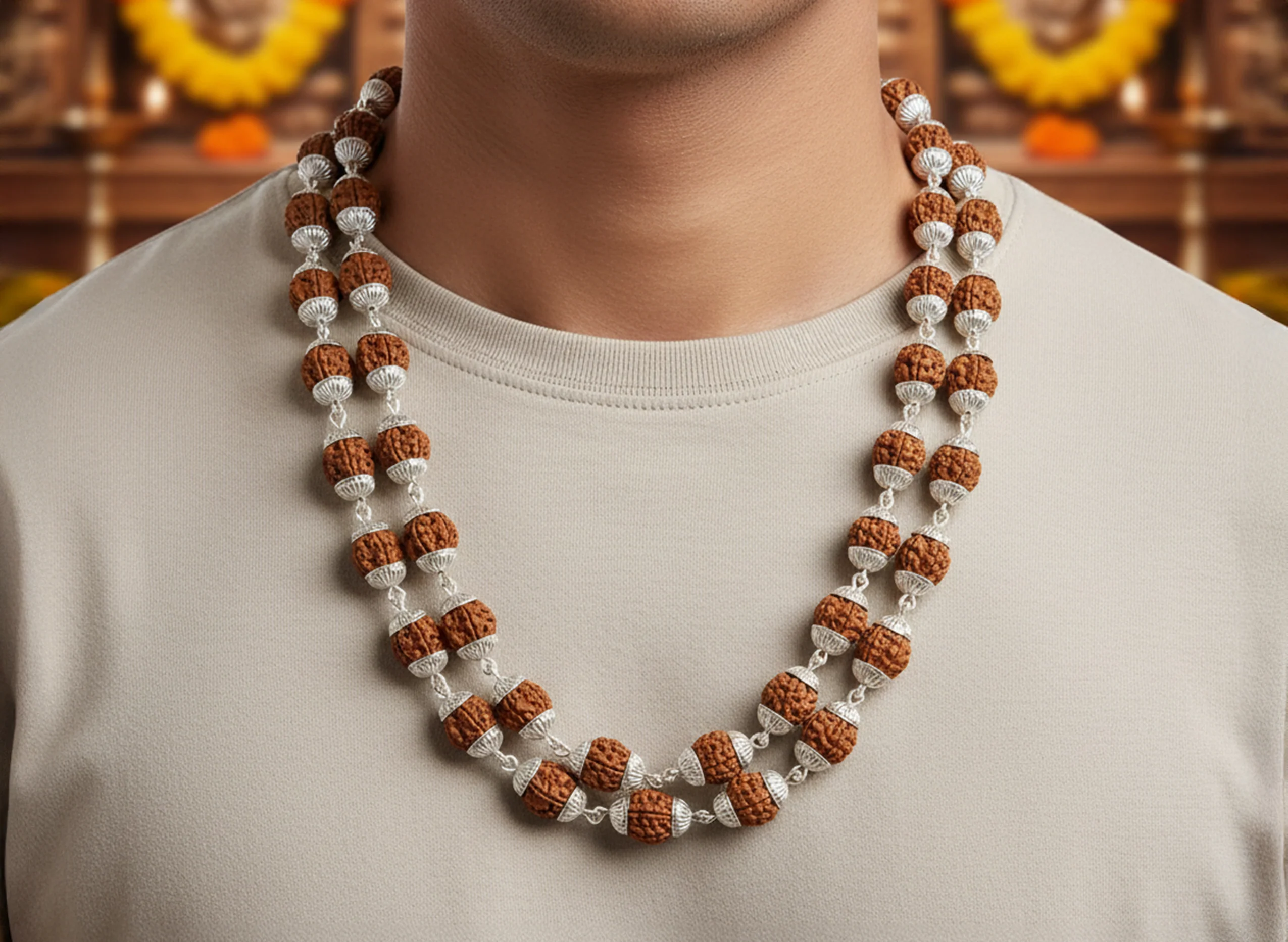 5 Mukhi Rudraksha Mala - White Metal Plated - Image 5