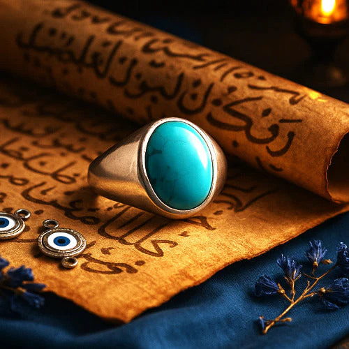 Turquoise Firoza Sterling Silver Ring | Lab certified Adjustable Ring - Image 2